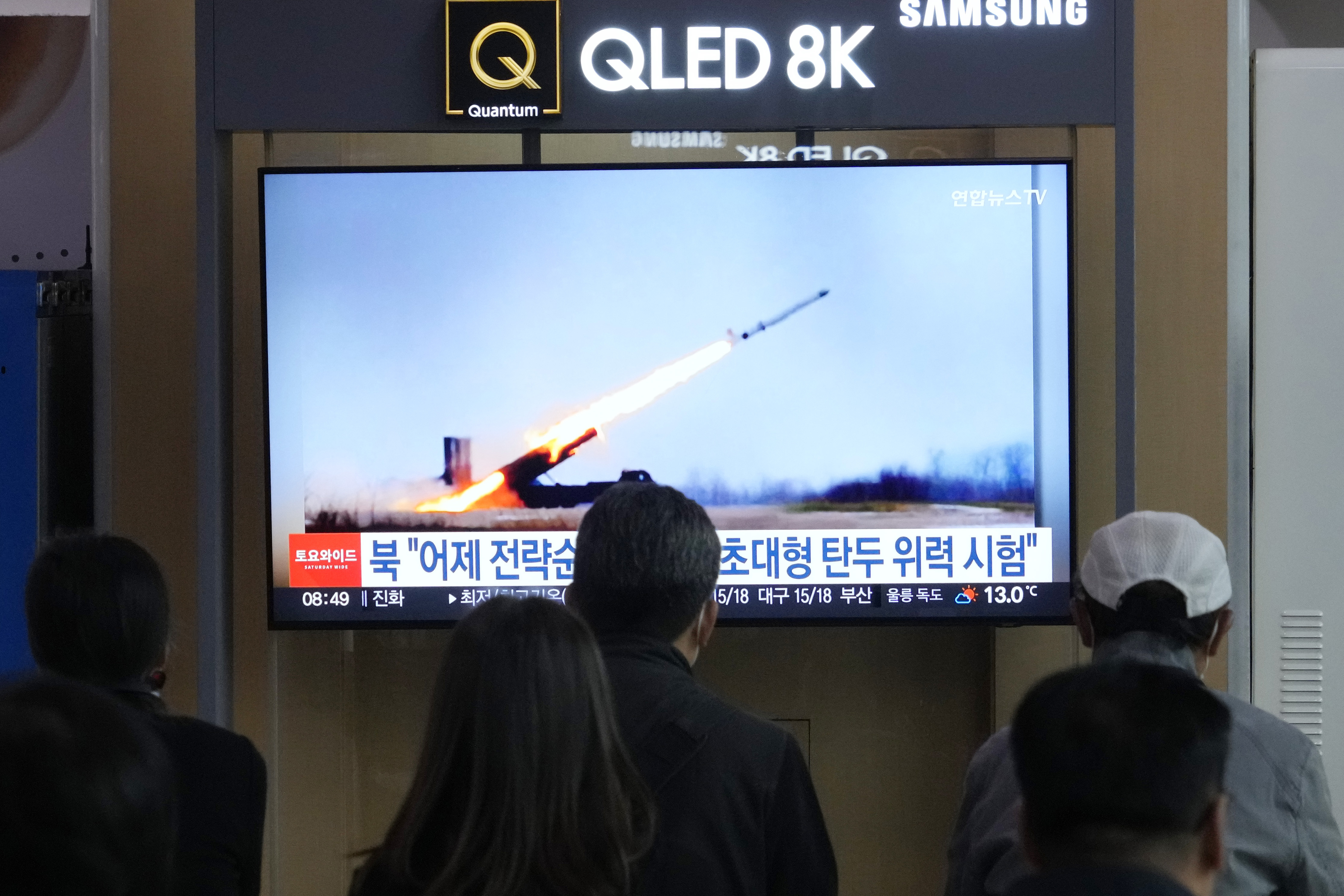 A TV screen shows an image of North Korea's missile launch during a news program at the Seoul Railway Station in Seoul, South Korea, Saturday, April 20, 2024. North Korea said Saturday it tested a "super-large" cruise missile warhead and a new anti-aircraft missile in a western coastal area as it expands military capabilities in the face of deepening tensions with the United States and South Korea. (AP Photo/Ahn Young-joon)