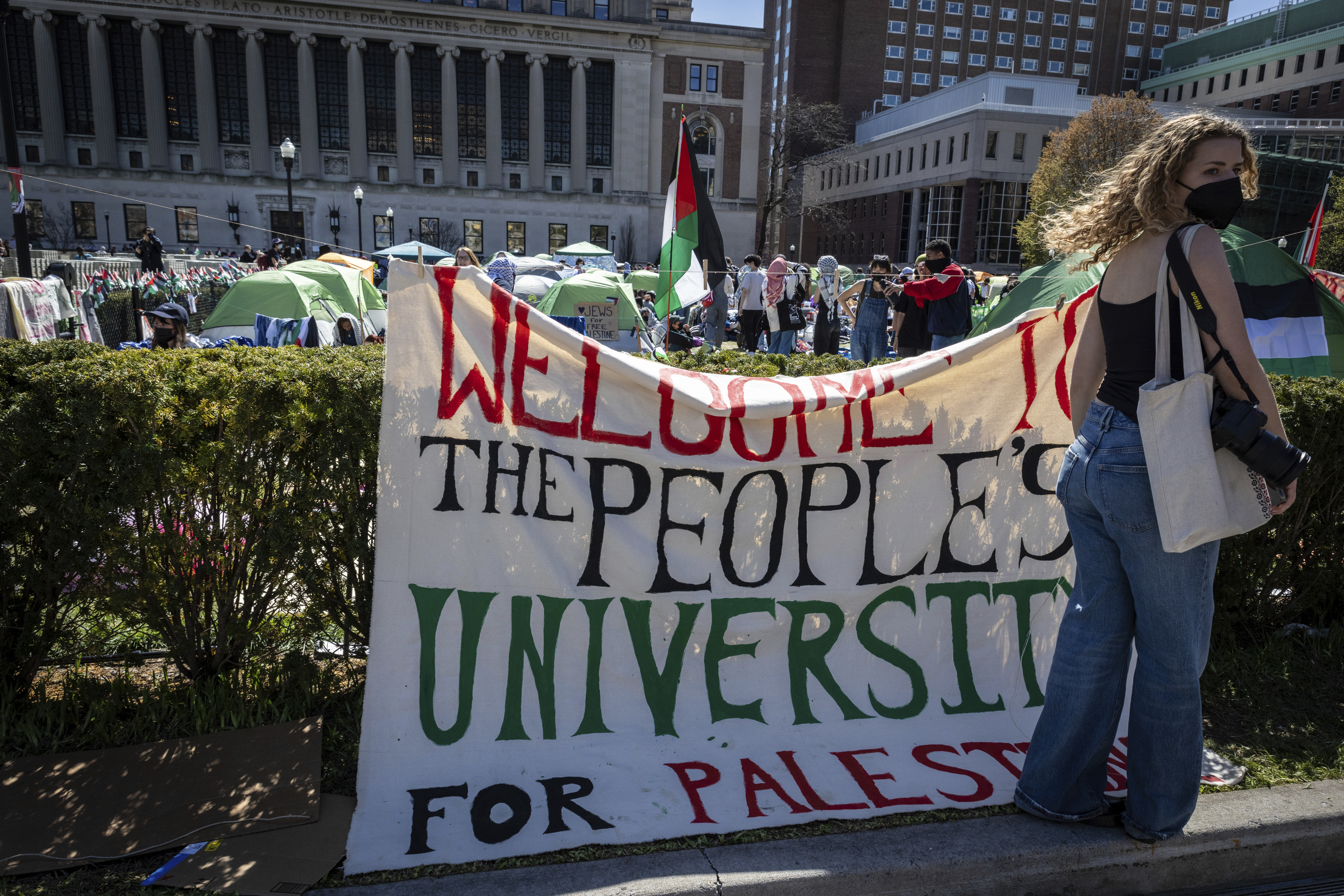 A sign is displayed in front of the tents erected at the pro-Palestinian demonstration encampment at Columbia University in New York,